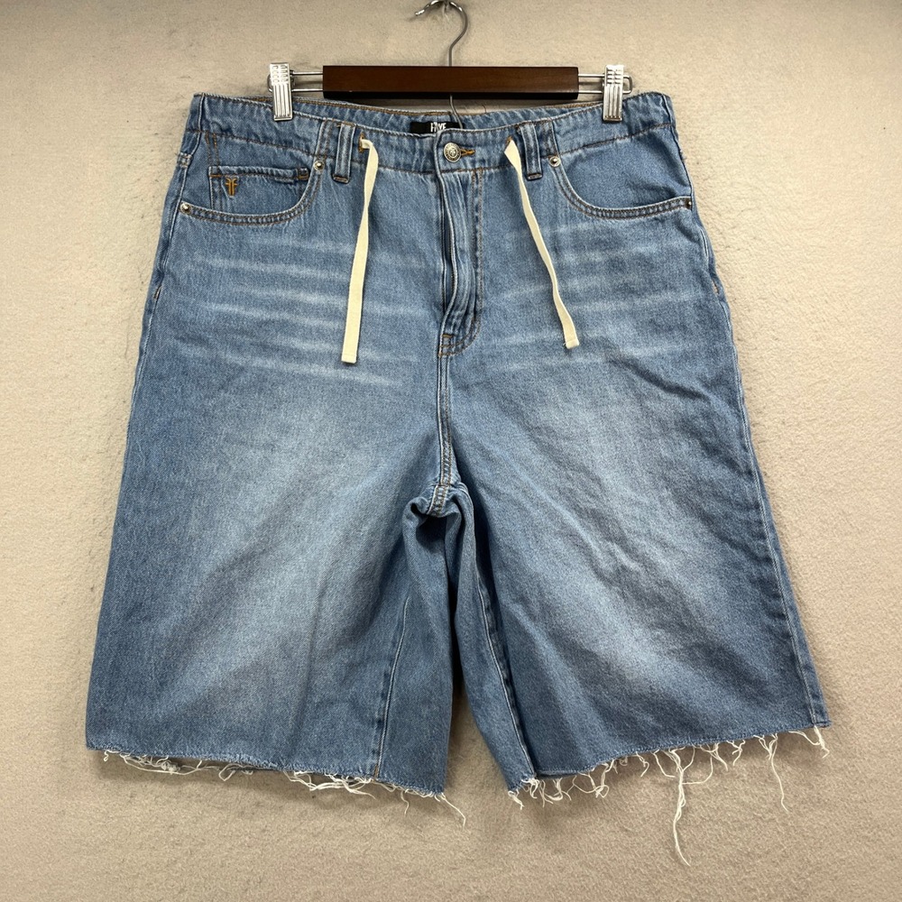 Frye Denim Shorts Mens 32 Light Blue Raw Hem Drawstring Cutoff Summer Skater